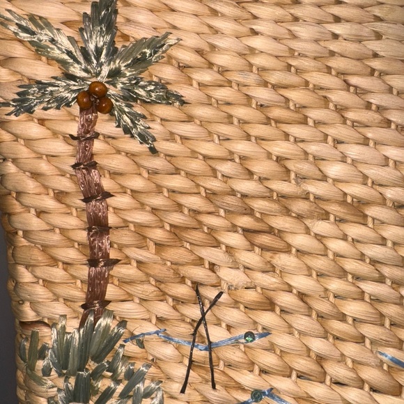 Vintage Woven Straw Tote with Brown Handles and Palm Tree Embroidery - Picture 4 of 8